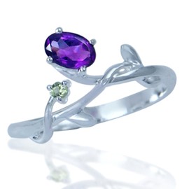 Silvershake Petite Natural African Amethyst and Peridot 925 Sterling Silver Vine Leaf Ring Size 8.5