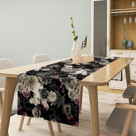 Dark Gothic Flower Table Runner Black Rose Peony Retro Blossom Floral Rustic Boho Victorian Spring Summer Seasonal Dinner Runner for Kitchen Dining Holiday Party 13x36in