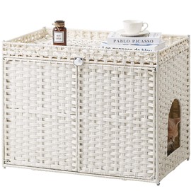 SETVSON Cat Litter Box Enclosure Furniture, Handwoven Rattan Hidden Litter Box with Mat, Large Space Cat House with 2 S-Shaped Hooks 30.3 x 18.3 x 24.4 Inches, Indoor for Living Room Apartment White