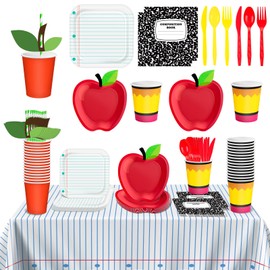 182 Pcs Back to School Decoration Apple Paper Plates Notebook Disposable Tablecloth and Napkins Pencil Cups Tableware Sets for 30 Guests Kindergarten First Day of School Party Supplies