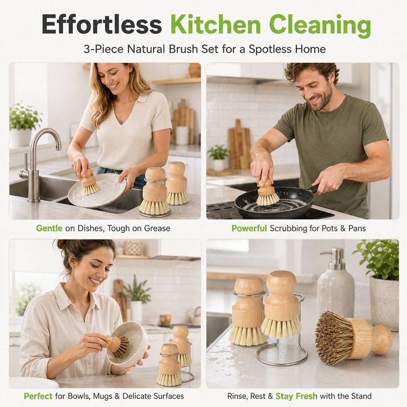 Ruispeed Bamboo Dish Brush Set 4Pcs With Holder Kitchen Cleaning