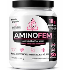AminoFem | Amino para mujeres | 10g de Aminoácidos por porción | BCAA 8:1 + Glutamina, Myo Inositol, Vitamina C y Acido Folico | Electrolitos Mg/K/Na | Sin Azúcar, Sin Cafeína | Purely Oganics | 30 servicios, Ponche de Frutas