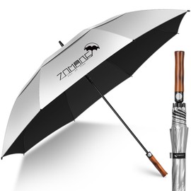 ZOMAKE 68 Inch UV Golf Umbrella Windproof Strong,Large Sun Umbrellas UPF 50 for 2-4 People With Wavy Wooden Handle for Men Women(Silver Black)