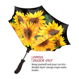 Designer Fashion Reverse Umbrella - Windproof Double Layer Inverted Umbrella - Self Stand Upside Down Umbrella Sunflowers Design - Inside Out Umbrella for Car - Vented Umbrella for Women