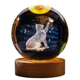 3D Laser Engraved Cat Crystal Ball – K9 Optical Crystal Sphere with LED Light Base
