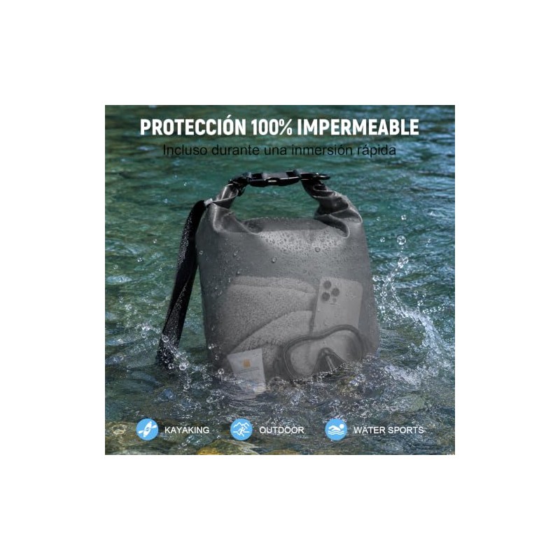 Bolsa Seca Impermeable Deportes Acuáticos con Funda Celular (Negro, 5L)
