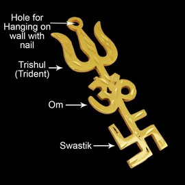 Organic Herbs Pack of 2 Gold Plated Hindu Religious Tri Shakti - Trishul OM Aum, Swastik Swastika - Metal Hanging Home Décor 4 inch