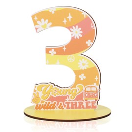 CORNER LACE Groovy 3rd Birthday Number Sign Centerpiece, Young Wild and Three Themed Wooden Table Decoration Yellow Orange Pink, Three Years Old Birthday Parties Photo Props Supplies Decor