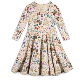 Mightly Girls' 3/4 Sleeve Skater Dress | 95% Organic Cotton, Colorful Twirl Dress with Side Pockets, Ideal for School, Birthday Parties, and Play, for Kids, Fair Trade Certified, Botanical Floral, 12