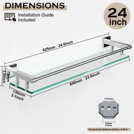 SFGSOWOR Glass Shelf for Bathroom Wall Sheves 24 inches Rectangular Stainless Steel Tempered Glass Modern Wall Mount Accessories Organizers Storage (Chrome Polished, 24‘’)