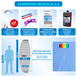 HQ Symphony Beach III 2.2 Agility Steering Mat, Two-line Mat, Kite for Children and Adults, 73 x 220 cm, Includes 100kp Dyneema Cords, 2 x 25 m on Winder with Loops, Kites from 14 Years