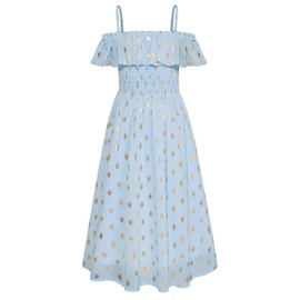 GRACE KARIN Girl's Spring Easter Dress 2024 Kids Sleeveless Ruffle Midi Chiffon Dress Summer Beach Sundress 6-7 Years,Light Blue