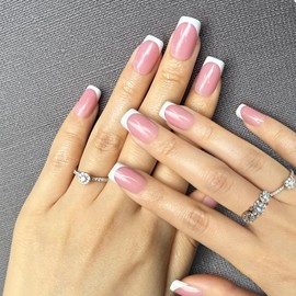 French Press On Nails Short, Fake Stick On Nails Manicure Gifts for Women, Glossy, Semi-Transparent, Reusable | 16 Sizes - 32 Nails with Wear Tool Kit