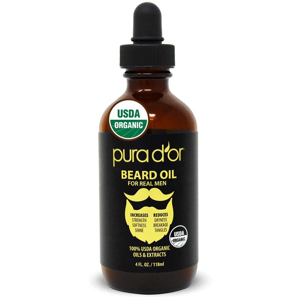 PURA D'OR Organic Beard Oil (4oz / 118mL) 100% Pure - USDA Certified - Natural Leave-In Conditioner, Argan & Jojoba Oil - Mustache Care & Maintenance, Increase Softness & Strength (Packaging may vary)