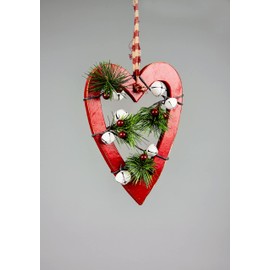 SHATCHI 23cm Red Wooden Heart Wall Hanging Ornament Decorated with White Bells Berries and Pines Christmas Holiday Home Decorations, 18x1.2x23 cm