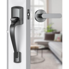 Mensarix Front Door Handle No Lock for Right & Left Handed Doors, Modern Exterior Door Handle with Reversible Lever, Lower Half Grip, Steel Gray