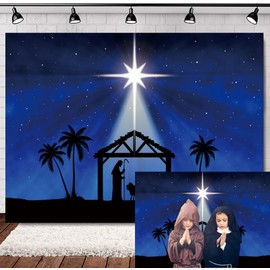 INRUI Christmas Nativity Scene Star of Bethlehem Jesus Birth Photography Background Blue Starry Sky Star of Bethlehem Religious Church Christmas Party Decorations Backdrop (1.8x1.2m)