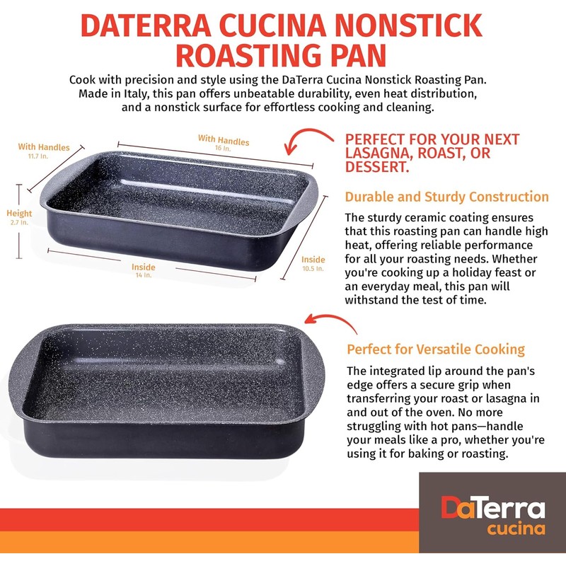 DaTerra Cucina Nonstick Roasting & Lasagna Pan – 16"x12"x3", Ceramic-Coated,