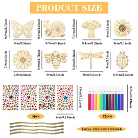 YFPOPONE 48-Piece Butterfly Craft Set, 32 Pieces Butterfly Wood with 12 Pieces Watercolour Pens and 4 Pieces Gemstone Stickers, Children's Birthday Crafts for DIY, Craft Set Children for Children's