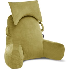 Unisakey Portable Reading Pillows with Headrest for Bed Sitting Up(Yellow Green), Back Pillow with Arms & Pockets for Adults, Support Memory Foam Bed Pillow for Dorm/Reading/Watching/Gaming