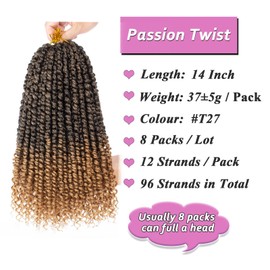 Samtress 14 Inch Pre-twisted Passion Twist Hair 8 Packs Pre-looped Crochet Braids Synthetic Ombre Blonde Bohemian Curly Twist Braiding Hair Extensions for Women (#T27)