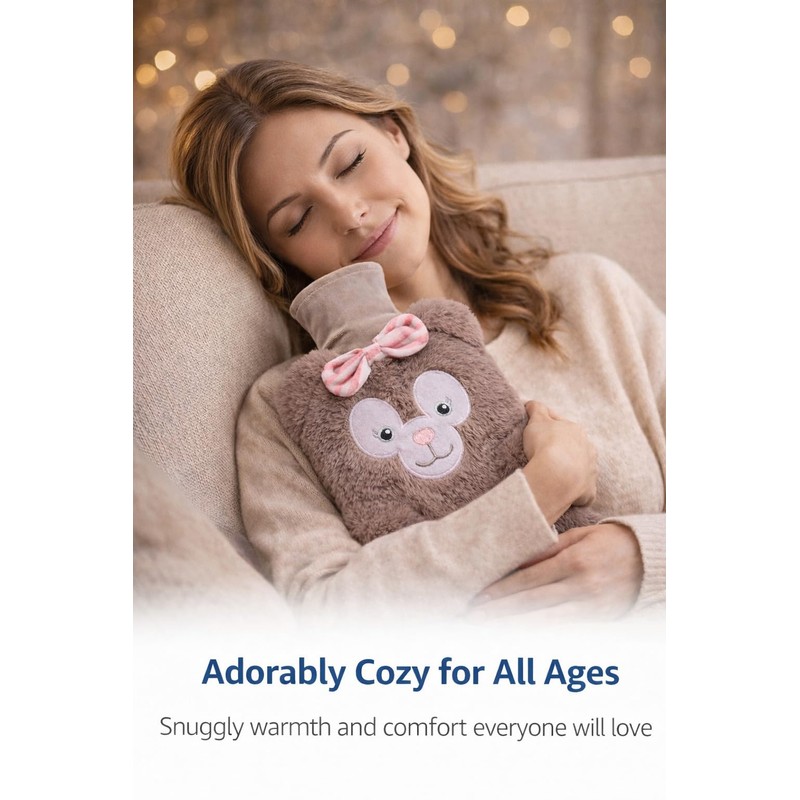 ZOVEXA Large Hot Water Bottle with Plush Animal Cover, 2L