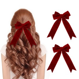 UHOMENY 2PCS Velvet Bow Hair Clip for Girls Vintage Hair Bows Hair Barrette Big Bow Long Ribbon Hair pins Black Red Velvet Bow Hair Accessories for Girls Women (Red)