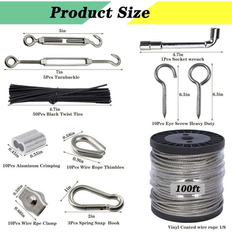 Roxanned 1/8" Stainless Steel Cable,100ft Wire Rope Kit Turnbuckles for