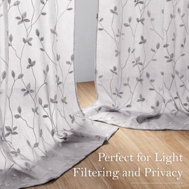 HOMEIDEAS Light Grey Sheer Curtains 52 X 96 Inches Length 2 Panels Embroidered Vine Floral Pattern Pocket Faux Linen Semi Sheer Voile Window Curtains/Drapes for Bedroom Living Room