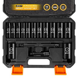BOEN 3/8" Drive Deep Impact Socket Set, 15 Piece SAE Socket Set 1/4" to 1", Includes 3", 6" Extension Bars, 6 Point Design, Cr-V Steel, Heavy Duty Storage Case