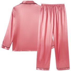 Vopmocld Big Kids Unisex Pjs Set Girls Boys Silk Pajama Sets Satin Clasic Sleepwear Long Sleeve 2 Pieces Button Down Nighty, Coral Pink, 10