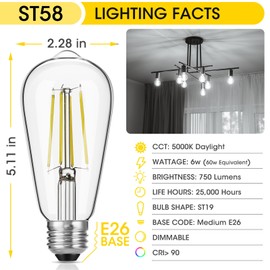 Gozelux Edison Light Bulbs 60W Equivalent, Dimmable Vintage LED Light Bulbs, E26 Medium Base, Daylight 5000K, ST58, 6W, 750LM, 90+ CRI, Antique Decorative Filament LED Bulb, Clear Glass, Pack of 1
