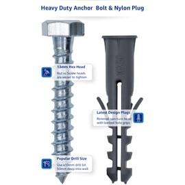 1STec 10 x M10 x 50 mm Strong Galvanised Satellite Anchor Nylon Mungo Wall Plug + Heavy Duty Coach Screw with 13mm HEX Bolt Head for Fixing Aerial Mast Sky Dishes TV Mount Brackets Shelving Racking
