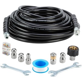 Sewer Jetter Kit 50FT for Pressure Washer, Pressure Washer Drain Jetter with 5800PSI Cleaner Hose 1/4 Inch NPT, Corner, Rotating & Button Nose Sewer Jetting Nozzle Spanner Waterproof Tape Pearl Pin