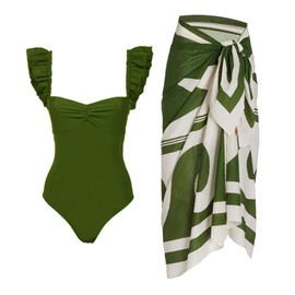 Women's One Piece Swimsuits with Cover up Wrap Skirt Sarong Tummy Control Summer Swimming Bathing Suit Sets for Women 2 Pcs Ruffle Floral Print Bikini Hawaiian Beach Slimming Swimsuit Olive Green M