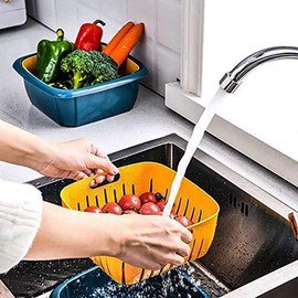 Colander Set with Strainer Bowl, Kitchen Colander with Lid Household Double Layer Fruit Washing Basket Multifunction Storage Containers for Fruits Vegetable (Blue)