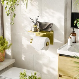 Tindbea Toilet Paper Holder with Phone Shelf, Adhesive or Screw Wall Mount Toilet Tissue Roll Holder, Rustproof & Multifunctional Stainless Steel Bathroom Storage Dispenser (Brushed Gold)