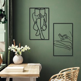 Cindeer Metal Minimalist Abstract Woman Wall Art, 4 Pcs Unframed Wall Art Decor, Modern Single Line Art for Bedroom Kitchen Bathroom Living Room (Black, Bright)