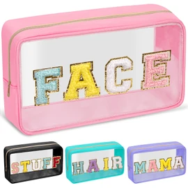 izuzta Bolsa de maquillaje Preppy Patch, bolsas de maquillaje transparentes con cierre, Cara-Rosa