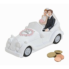 Money Box Bride and Groom in Wedding Car | Beautiful Piggy Bank Ideal as a Wedding Gift | Wedding Decoration & Decoration | "Just Married" Saying Money Box | Collectable Money Box for Honeymoon &