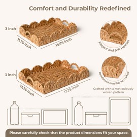 KOKODO Set of 2 Scalloped Wicker Baskets – Handwoven Water Hyacinth Storage Baskets with Handles for Organizing, Bathroom, Living Room & Shelf Décor – Decorative Rattan Organizing Tray