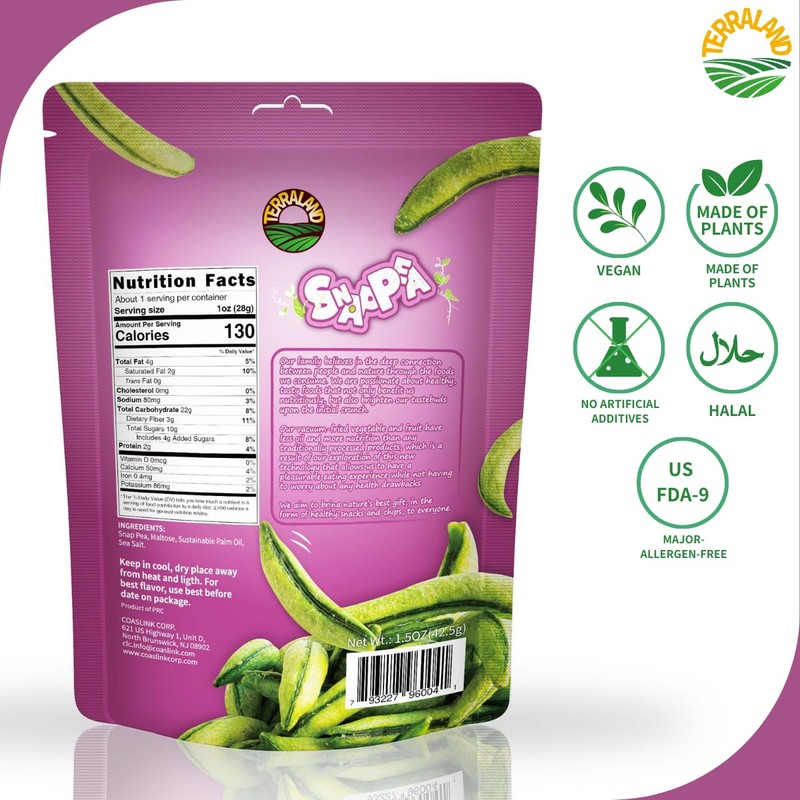 Terraland Snap Pea Crispy Crisps-Sea Salt, Crispy & Crunch, Vegan,