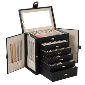 JOHN PHIL Large Jewelry Organizer，6-Layer 5 Drawer Synthetic Leather Jewellery Boxes for Women，Necklace Organizer Box with Mirrored ，Store Earrings, Rings, Watches.keeps Jewellery Organized (Black)