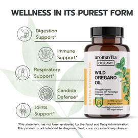 AROMAVITA Aromavita Vegan Wild Oil of Oregano Capsules Organic, 86-90% Carvacrol - Immune and Digestive Support, Natural Antioxidant, Vegan, Non GMO, 60 Capsules (60 sofgels/1 Package)