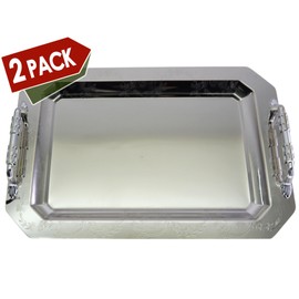 MARO MEGASTORE (Pack of 2 17 inch x 11.8 inch Octagonal Chrome Plated Silver Serving Tray with Handles Stylish Design Floral Engraved Edge Decorative Party Wedding Dessert Wine Platter Plate CC-1144