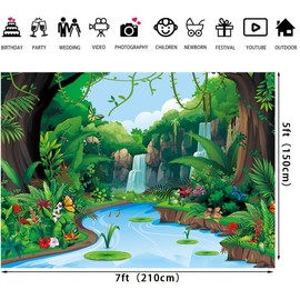 LTDKAEN 7x5ft Tropical Jungle Animal Forest Backdrop Wild Animals River Rainforest Trees Photography Background Party Decorations Banner Studio Props