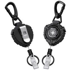 Retractable Keychain with Belt Clip, Heavy Duty Carabiner Badge Holder, Tactical ID Badge Reel with 32” Steel Retractable Cord, 10 OZ with Badge Strap and Key Ring（Black） (2 Pack)