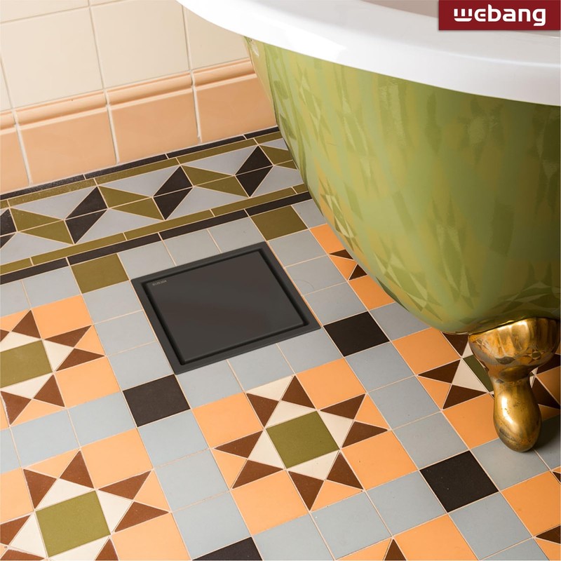 WEBANG 6 Inch Square Shower Drain Black Floor Drain with