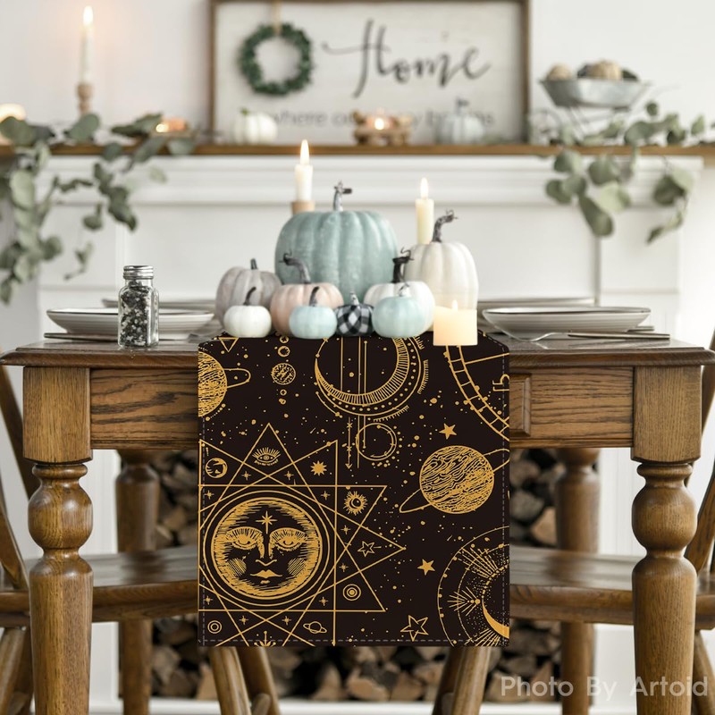 Artoid Mode Black Gold Astrology Occult Moon Magic Table Runner,