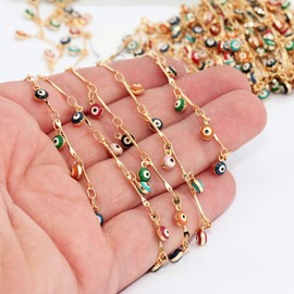 Mevecco Women's Gold Dainty Evil Eye Tassel Choker Necklace,14K Gold Plated Cute Tiny Beaded Protection Evil Eye Dangle Boho Link Chain Necklace